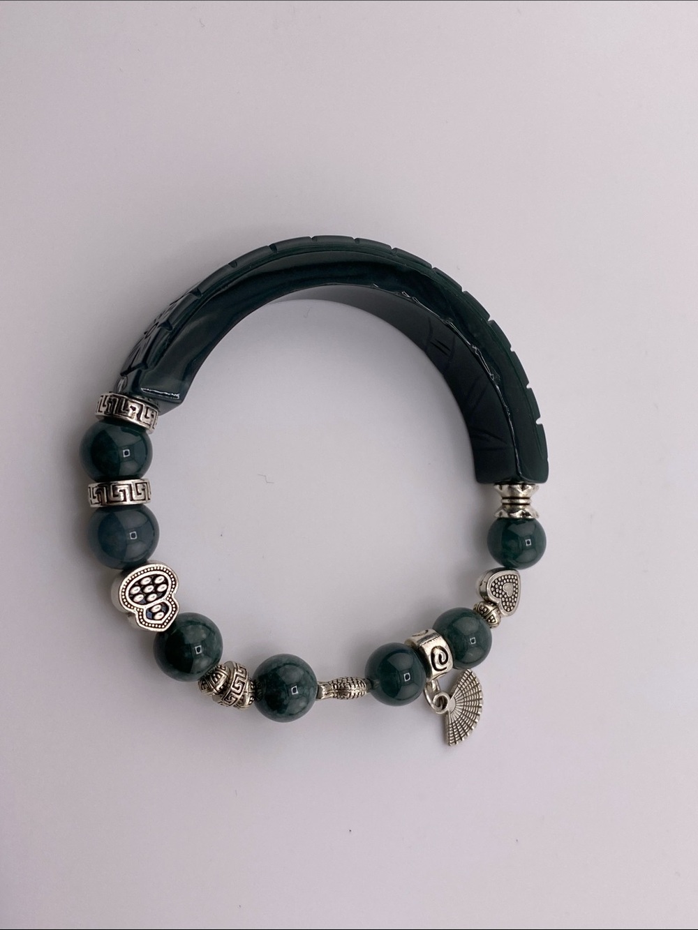 Authentic Blue Water Jadeite Carved Half-Bangle Beaded Charm Bracelet